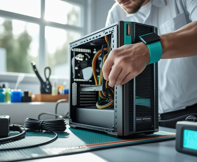Technician with ESD wrist strap diagnosing an open desktop on an anti-static mat; tidy tools and PSU tester visible.