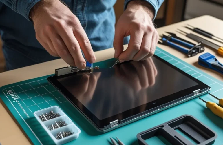Close-up of hands replacing a laptop screen on a static-safe mat with precision tools and screw tray.