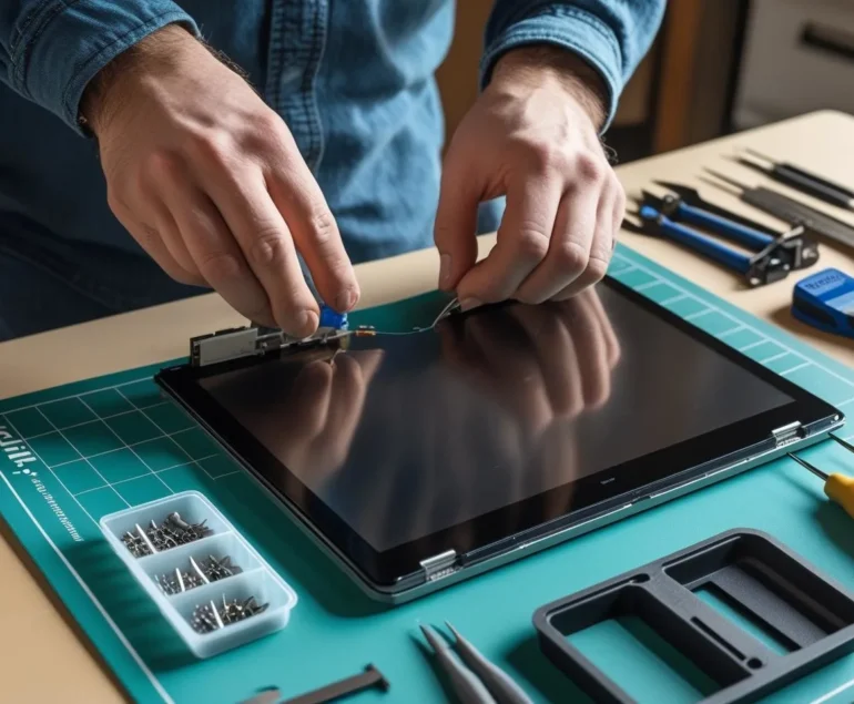 Close-up of hands replacing a laptop screen on a static-safe mat with precision tools and screw tray.