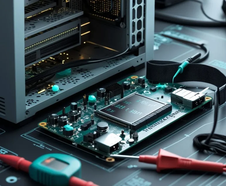 Open desktop on anti-static mat with multimeter probes at motherboard power pins and POST/debug LEDs visible.