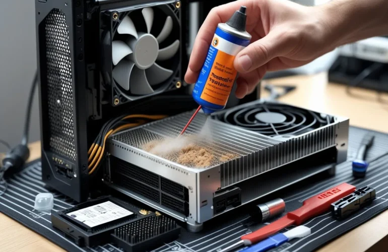 Technician cleaning dust from a PC heatsink with compressed air on an ESD bench; new thermal paste ready.