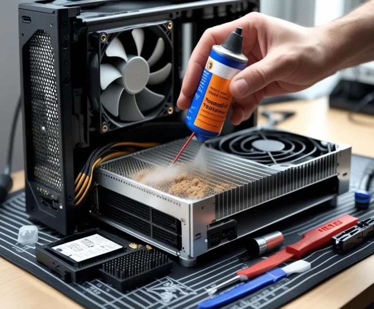 Technician cleaning dust from a PC heatsink with compressed air on an ESD bench; new thermal paste ready.