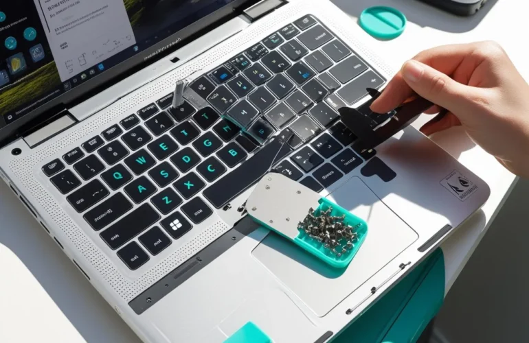 Laptop mid-repair with replacement keyboard aligned on static mat; small screw organizer nearby.