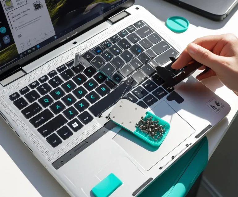 Laptop mid-repair with replacement keyboard aligned on static mat; small screw organizer nearby.