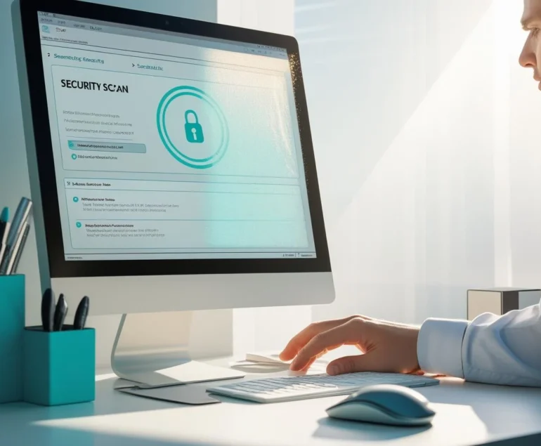 Desktop monitor showing a generic antivirus scan while a technician uses a mouse at a tidy workstation with privacy filter.
