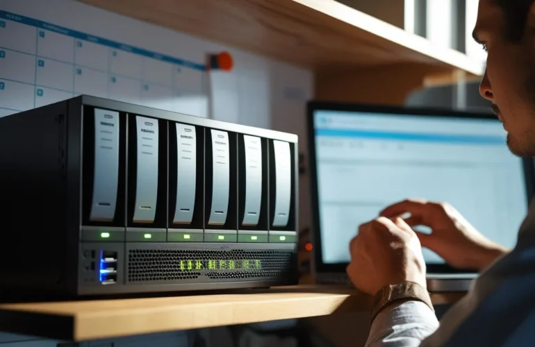 NAS on a shelf with labeled backup drives while a technician verifies a test restore on a nearby laptop.