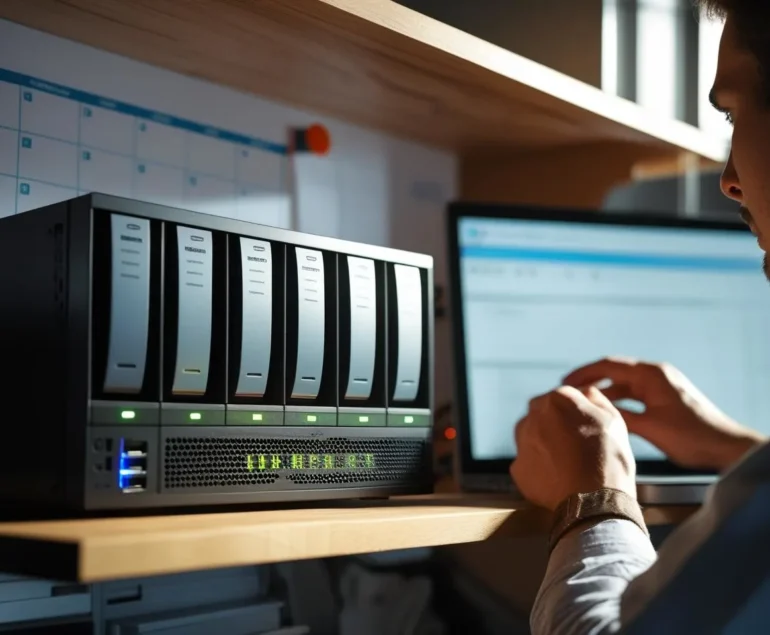 NAS on a shelf with labeled backup drives while a technician verifies a test restore on a nearby laptop.