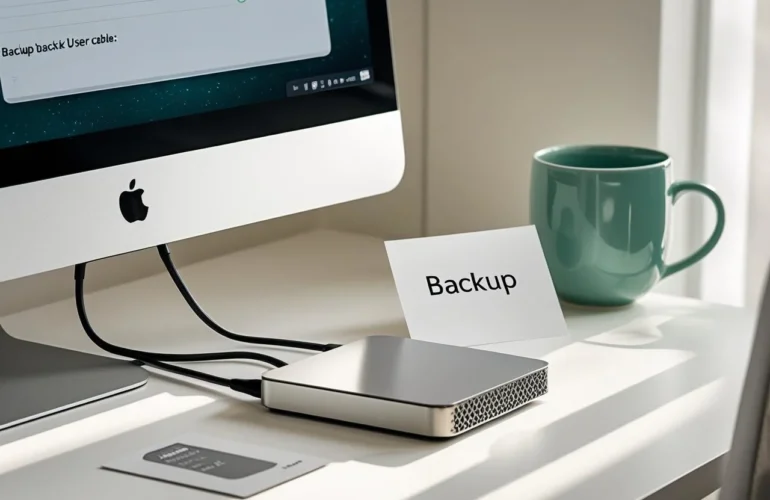 Home office desk with external backup drive attached and a computer showing a generic backup status screen.