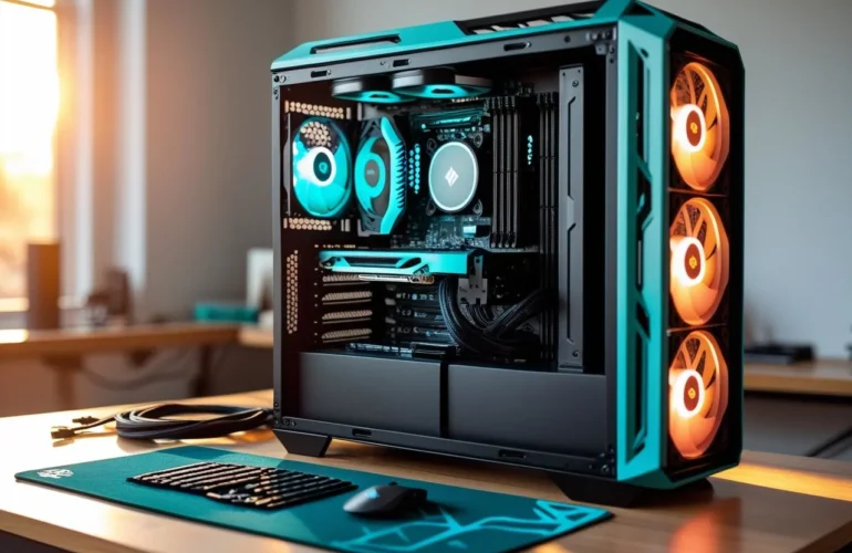 Open PC case on a build table with clean cable routing and premium cooler; parts laid out neatly.