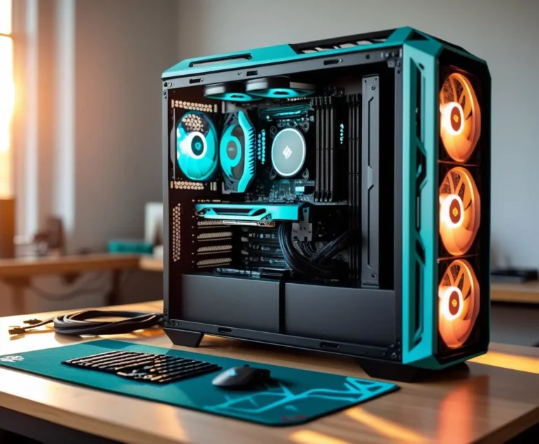Open PC case on a build table with clean cable routing and premium cooler; parts laid out neatly.