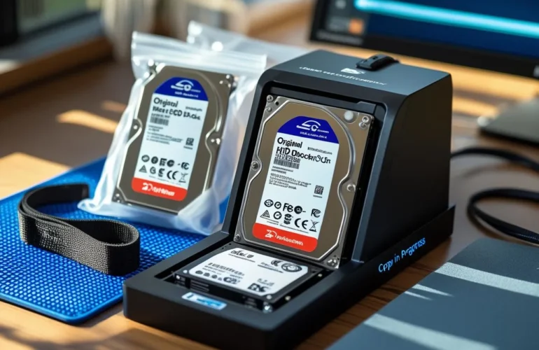 2.5-inch drive connected to a write-blocker/clone dock on an anti-static mat with labeled Original and Backup bags.