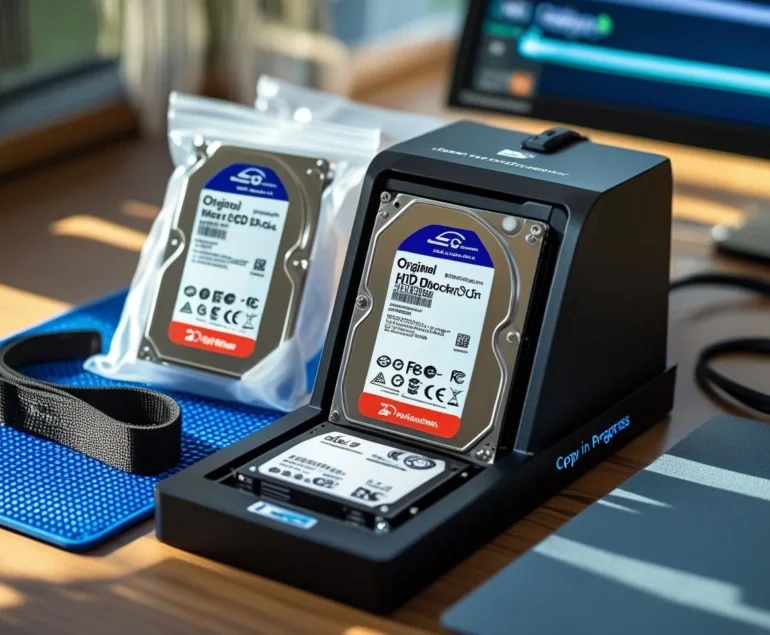 2.5-inch drive connected to a write-blocker/clone dock on an anti-static mat with labeled Original and Backup bags.