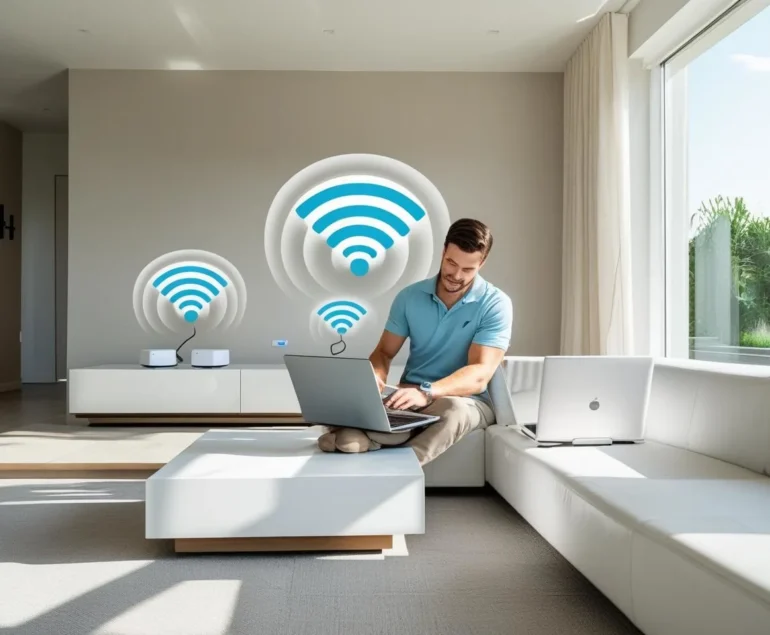 Modern living room with two mesh Wi-Fi nodes while a technician checks signal strength on a laptop.