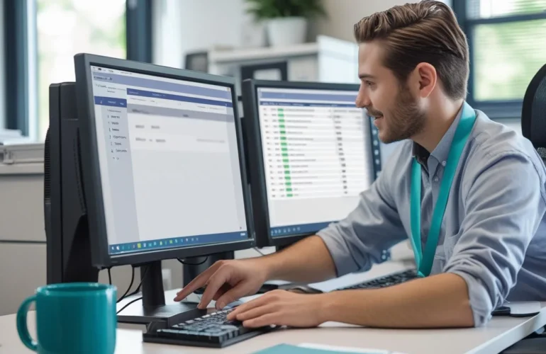 Small business helpdesk scene with technician assisting a staff member; dual monitors show a generic ticket list.