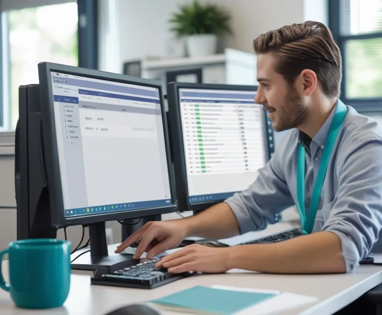 Small business helpdesk scene with technician assisting a staff member; dual monitors show a generic ticket list.