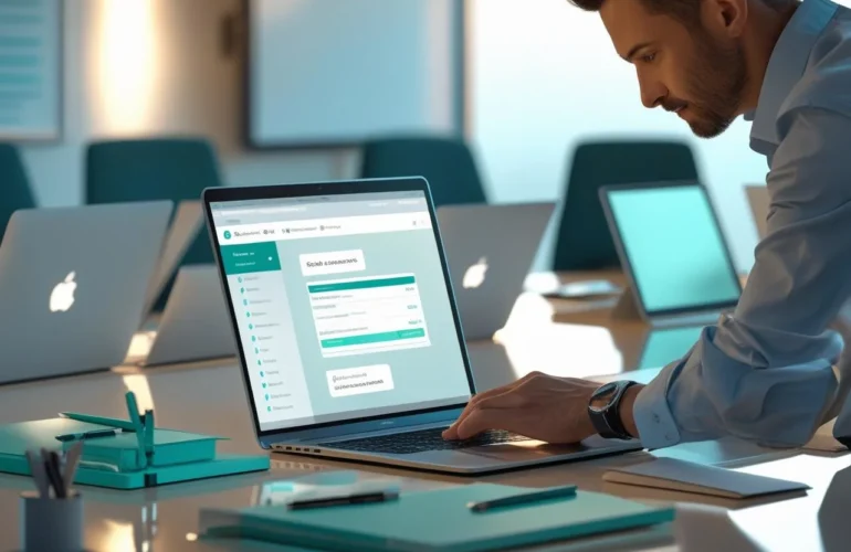 Administrator creating email accounts on a laptop with a generic admin dashboard in a meeting room.