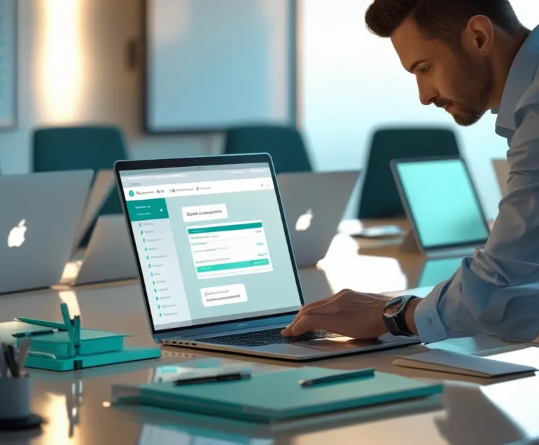 Administrator creating email accounts on a laptop with a generic admin dashboard in a meeting room.