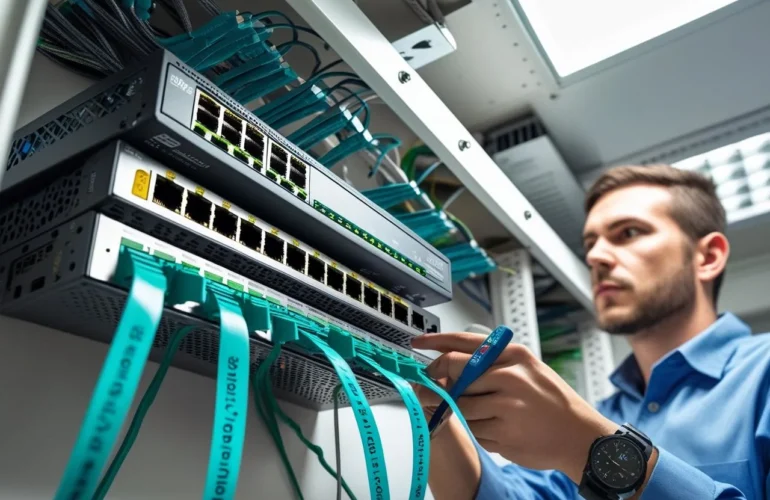 IT closet with technician configuring a router and switch; labeled cables and a ceiling access point.