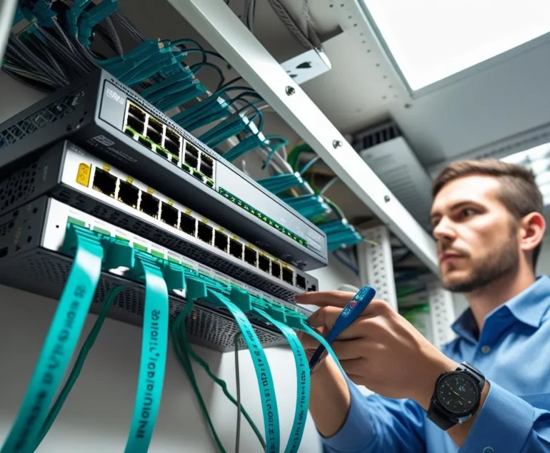 IT closet with technician configuring a router and switch; labeled cables and a ceiling access point.