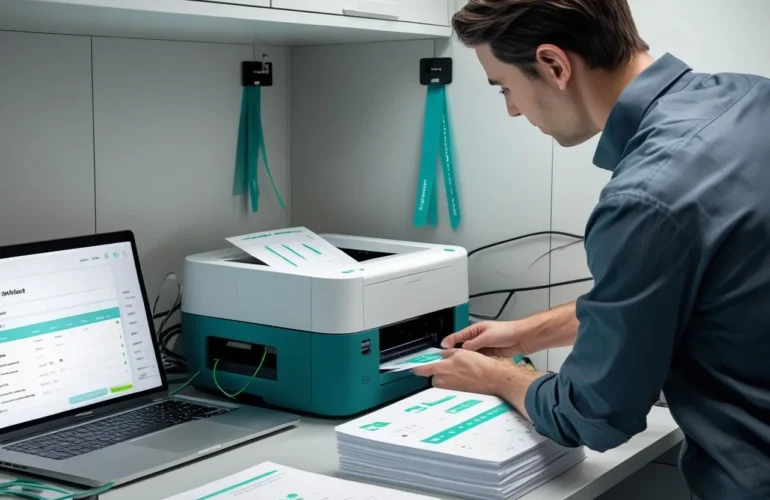 Small office where a technician connects a wireless printer and verifies a test page from a laptop.