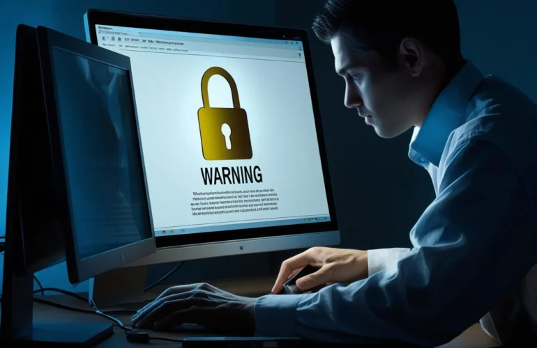 Technician reinstalling Windows from USB while monitor displays a generic lock warning; privacy screen in place.