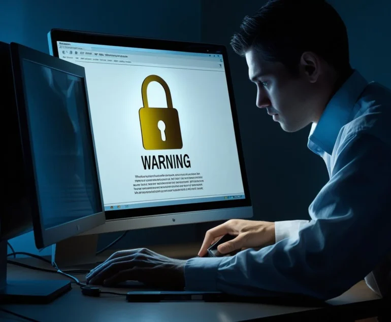 Technician reinstalling Windows from USB while monitor displays a generic lock warning; privacy screen in place.