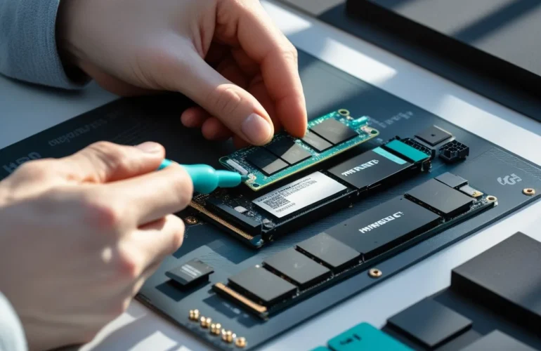 Hands installing an NVMe SSD and RAM on a motherboard over a teal anti-static mat; tools neatly arranged.