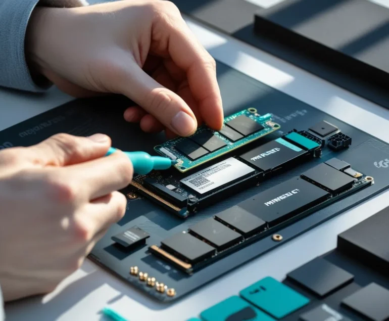 Hands installing an NVMe SSD and RAM on a motherboard over a teal anti-static mat; tools neatly arranged.