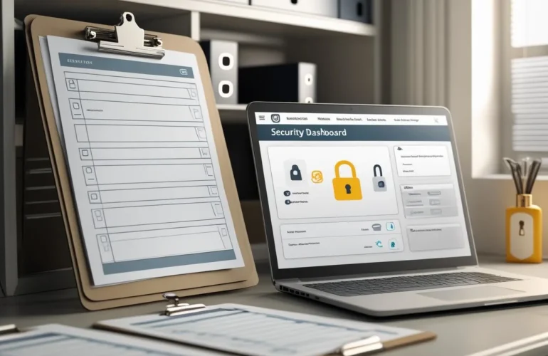 Laptop showing a generic security dashboard beside clipboard checklists with blurred text.
