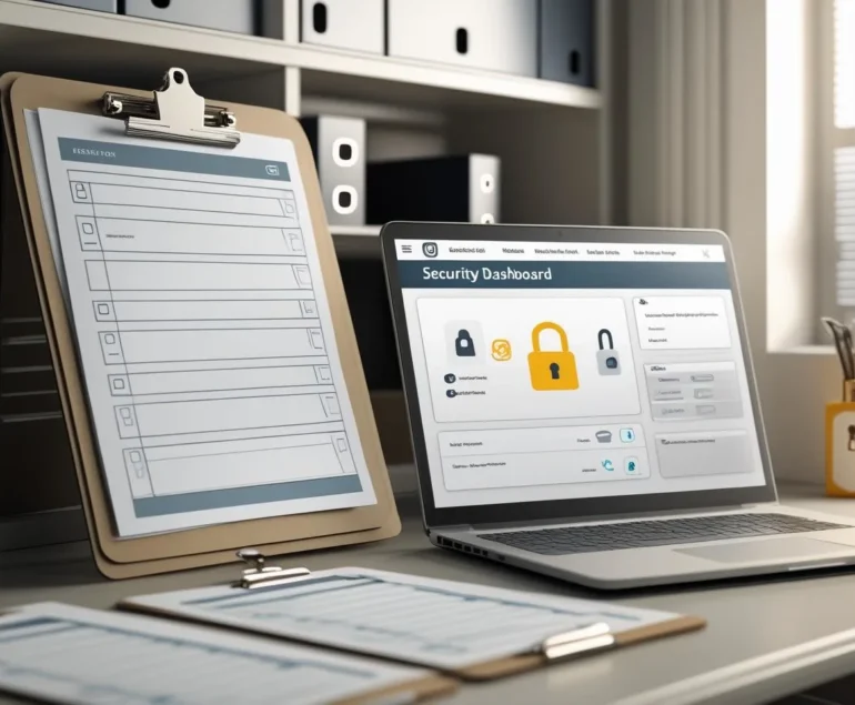 Laptop showing a generic security dashboard beside clipboard checklists with blurred text.
