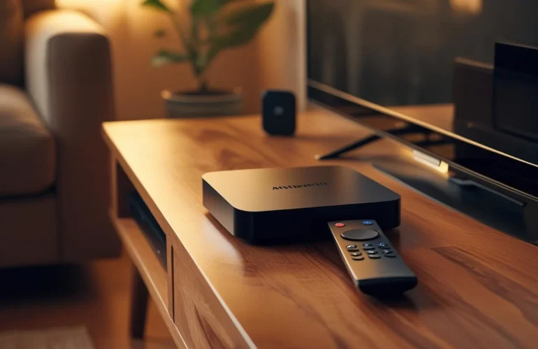 Living room setup with streaming box being paired to a TV; mesh node visible on a shelf.