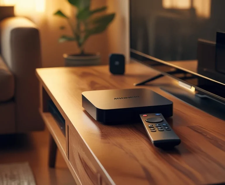 Living room setup with streaming box being paired to a TV; mesh node visible on a shelf.